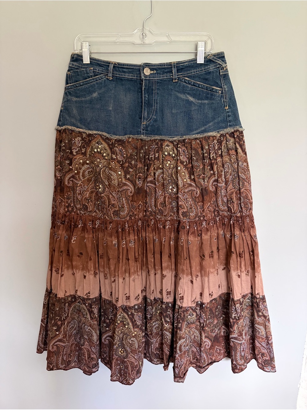 D. Jeans Y2K Maxi Skirt Woman’s Size 10-12 Brown Denim Tiered Paisley Peasant